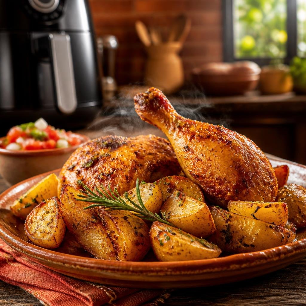 Prato apetitoso de frango crocante com batatas assadas na airfryer